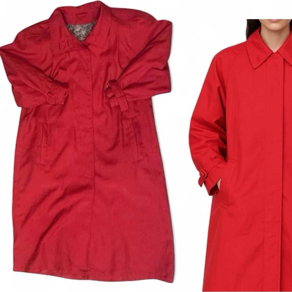 J. Gallery‎ coral pink Button Long Nylon Trench Coat Utility Rain Jacket 7/8 VTG